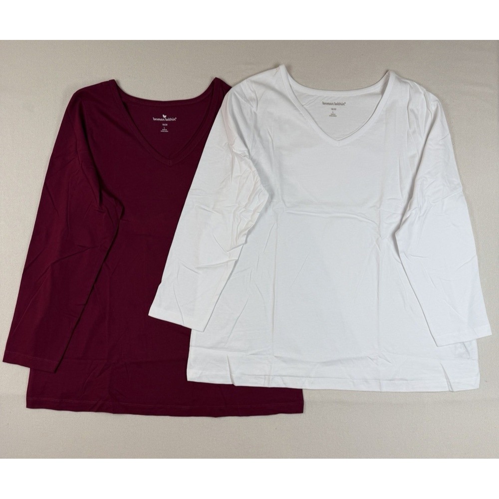 NWT Woman Within V-Neck Knit Shirts Size L (18/20) Burgundy & White (Lot of 2)